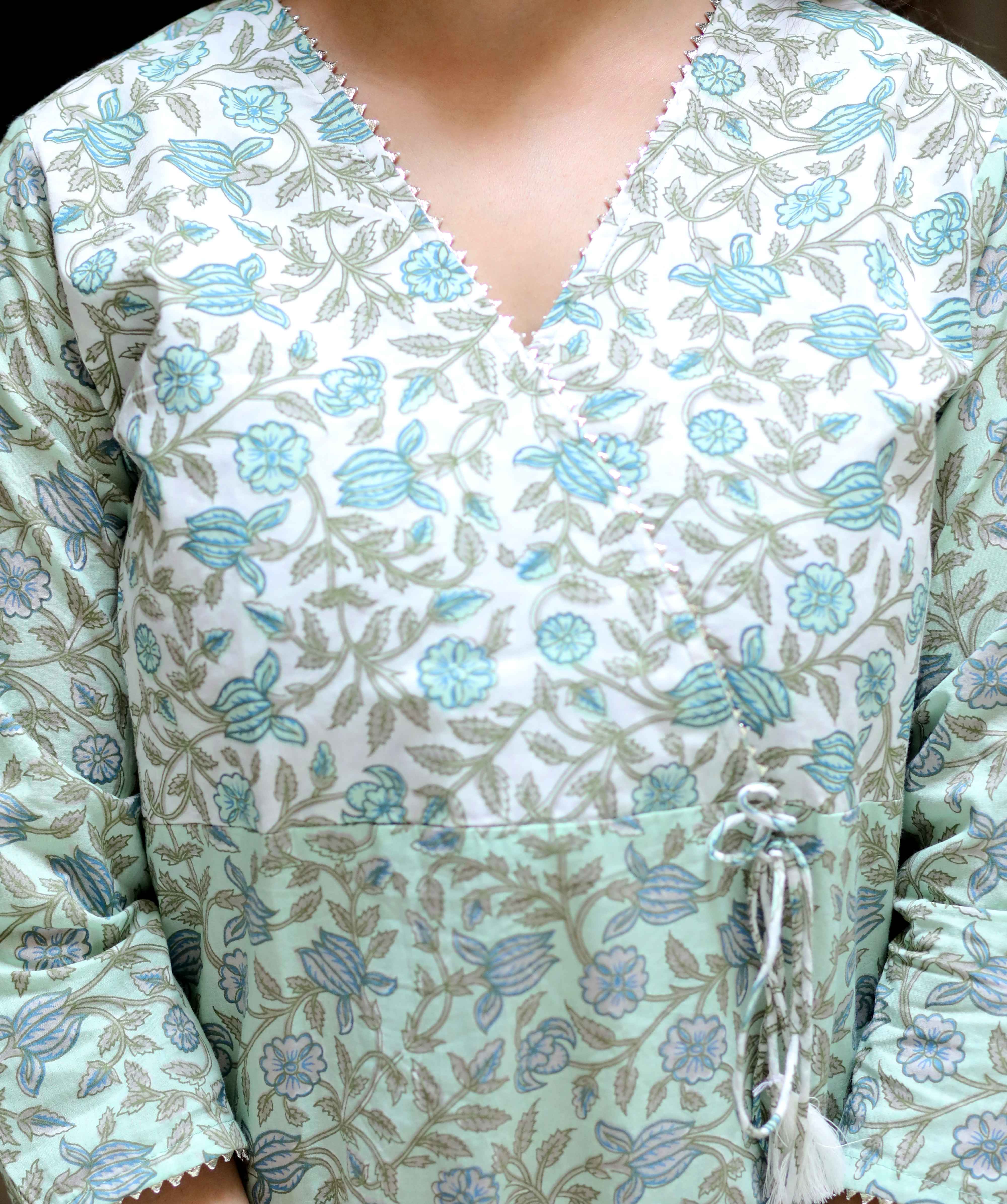 Green Hand Block Printed Cotton Angrakha Kurta with Palazzo Set